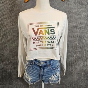 Vans Womens Small White Rainbow Graphic Long Sleeve Raw Hem Crop Top Tee
